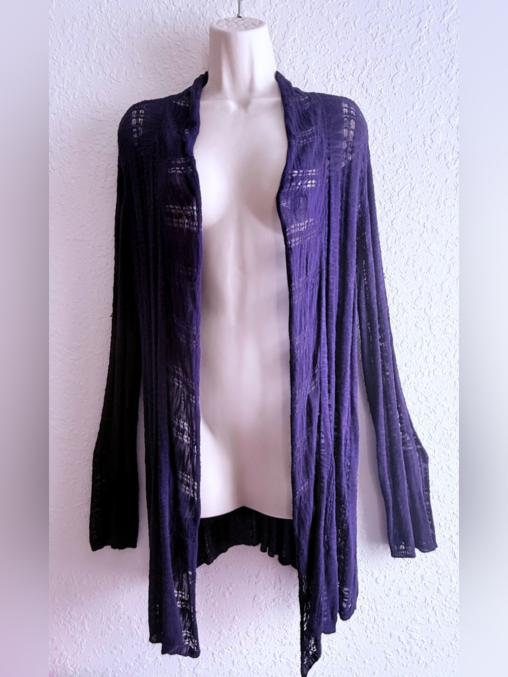 dressbarn Purple Open-Front Sheer Knit Cardigan